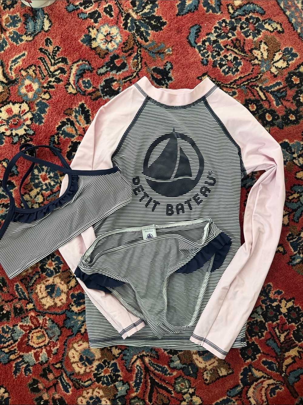 Petit Bateau Navy Striped Sail Graphic Rash Guard Set with Pink Sleeves